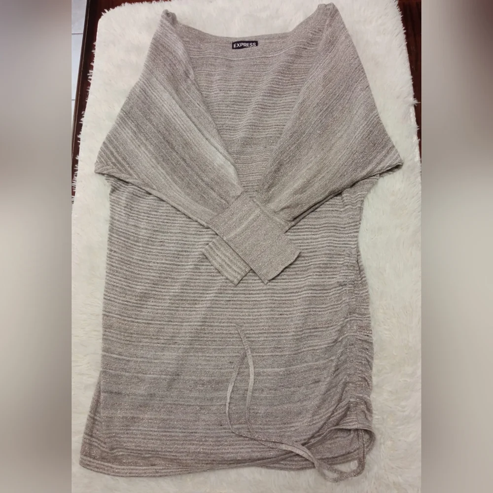 Express Metallic Silver Striped Sweater Dolman 3/4 Sleeve Scrunch Tie Size XS